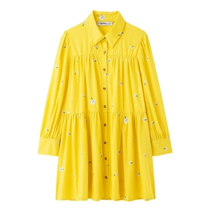 French Vintage Yellow Midi Shirt Dress Women Polyester Long Sleeve White Floral Embroidery Lapel Button Down Loose Hem