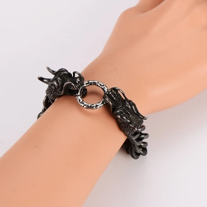 Men's vintage stainless steel viking dragon head cuban chain bracelet with O-ring clasp