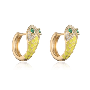 Snake-shaped gold-plated hoop earrings featuring micro-pave cubic zirconia and yellow enamel