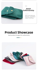 Detailed view of plush jewelry pouches with snap closure in various elegant colors