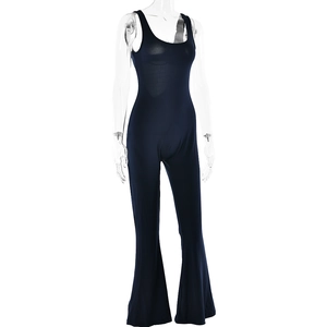 Detail view of navy blue backless sleeveless bodysuit with flared leg and slim fit design