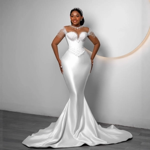 Mermaid Wedding Dress Satin Long Mesh Sleeves Artificial Pearl Beaded Bridal Gown Plus Size Elegant Fishtail Luxury Women