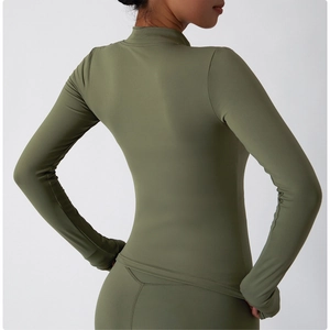 Close-up back view of an olive green slim fit yoga jacket showing high elasticity fabric