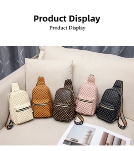 Detail of colorful printed chest bags with patterned straps and vibrant embroidery