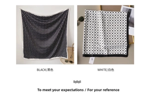 Detailed close-up of silk-textured square scarves with classic polka dot pattern prints