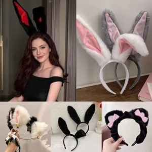 Sexy black lace bunny ear headband with pink bows and bells for Halloween cosplay