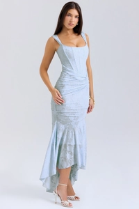 Detailed view of light blue lace embroidery on the bodycon fishtail hem dress