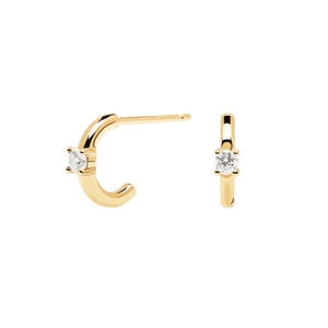 Close-up of gold C-shaped earrings with round-cut white zircon and 925 silver studs