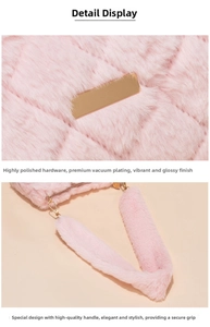 Detail of pink faux fur shoulder bag featuring polished gold metal logo plate and hardware