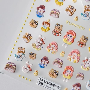 5D embossed summer nail stickers featuring cartoon girls and pool floats with 3D texture