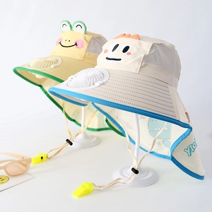 Detail of yellow frog and beige monster kids sun hats with built-in cooling fans