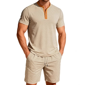 Men's summer casual two-piece set with textured jacquard polo shirt and matching shorts