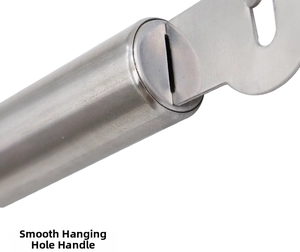 Macro view of stainless steel zester handle with smooth finish and round hanging hole