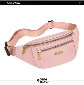 Detail view of pink fanny pack featuring double zippers and golden metal hardware