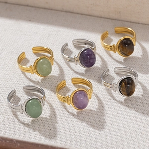 Set of adjustable vintage gold and silver titanium steel rings with natural stone inlays
