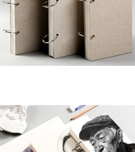 Close-up of linen cover sketchbook with metal ring binding and detailed pencil portrait