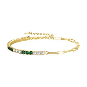 Bracelet double couche en argent S925 avec chaîne tennis émeraude et maillons trombone
