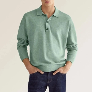 Men's light green long sleeve knit polo shirt with three-button neckline in casual style