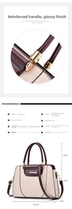 Detailed size specifications of the color-block handbag showing dimensions and gold hardware