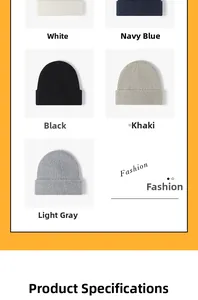 Detailed grid showing thick knitted beanies in white, navy, black, khaki, and light grey
