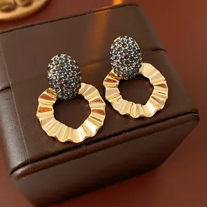 Alloy Blue Rhinestone Wavy Round Drop Earrings With 925 Sterling Silver Earring Post Vintage Luxury Jewelry For Women