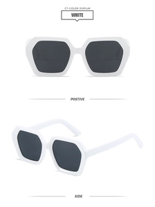 Detailed views of white geometric hexagonal sunglasses with dark lenses and side profile