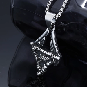 Vintage stainless steel Eye of Horus pendant on square chain with mirror reflections