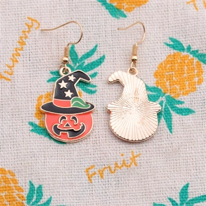 Halloween pumpkin earrings with black wizard hats and golden enamel finish for women