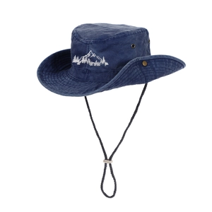 Chapeau de soleil en denim bleu foncé avec broderie montagne et cordon réglable