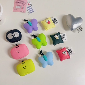 Colorful plush charm collection featuring cute butterfly and bread pillow phone holders