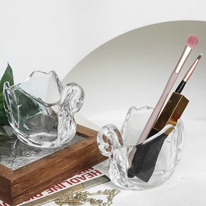 Vintage swan shaped clear glass storage jar for jewelry and makeup brushes decor