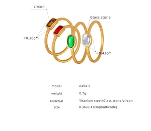 Detailed view of titanium steel gold ring with oval zircon and glass stone inlay