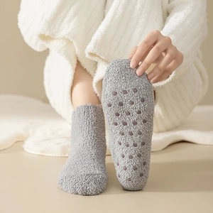 Thick coral fleece floor socks in light grey with non-slip silicone grips for winter warmth