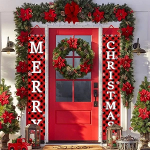Christmas buffalo plaid porch banners with Merry Christmas lettering on front door