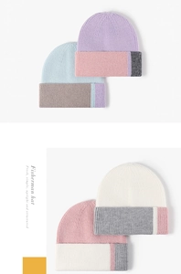 Close-up of color-block knit beanie showing soft vertical ribbed texture and pastel tones