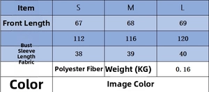 Size guide for women pleated shirt and pants set showing bust, sleeve, and length metrics