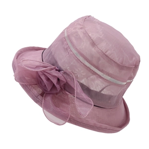 Elegant purple sun hat for women with organza floral bow and breathable foldable design