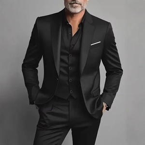 Formal 3-piece business suit for men featuring black blazer, vest, and trousers