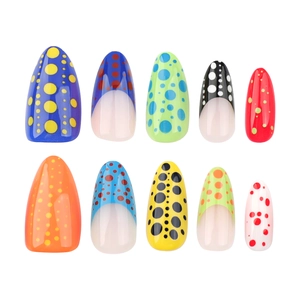 French colorful polka dot short almond press-on nails with vibrant multi-color designs