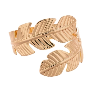 Chic gold-plated leaf-shaped open cuff bracelet with textured feather vein design for women
