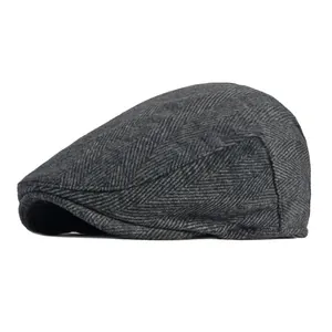 Béret en Laine à Chevrons Vintage Britannique Hommes Femmes Rétro Casquette de Gavroche Chapeau Plat Accessoires de Mode Automne Hiver