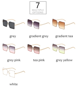 Seven colors of oversized rimless sunglasses featuring unique metal chain temples on white back