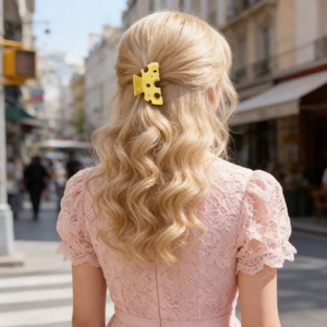 Detail of yellow hollow cheese-shaped hair claw clip on blonde hair with aesthetic look