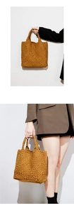 Detailed macro view and model look of a ginger yellow woven leather mini tote bag