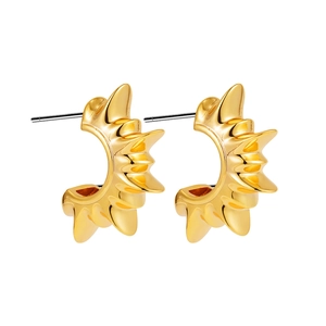 Detailed view of 18K gold sunburst C-shaped earrings with a polished metallic finish