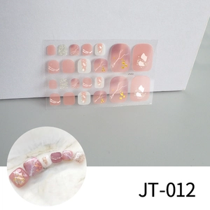 Detail of JT-012 marble toe nail stickers with gold foil, pink and white patterns
