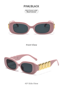 Pink oval frame retro sunglasses with dark lenses and gold metal temple accents