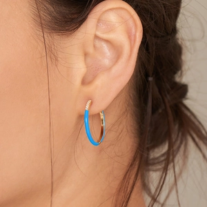 S925 silver needle hoop earring with sky blue enamel and sparkling cubic zirconia