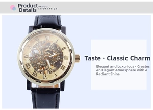 Macro view of skeleton mechanical watch with golden case and roman numeral dial details