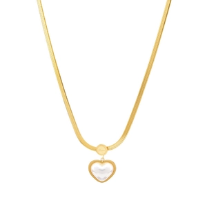 Golden titanium snake chain necklace with a heart pendant featuring pearl inlay